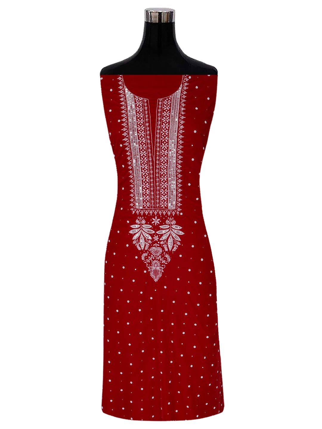 Ada Hand Embroidered Red Velvet Lucknowi Chikankari Unstitched Kurta Dupatta Set With Pearl Work 01A342436