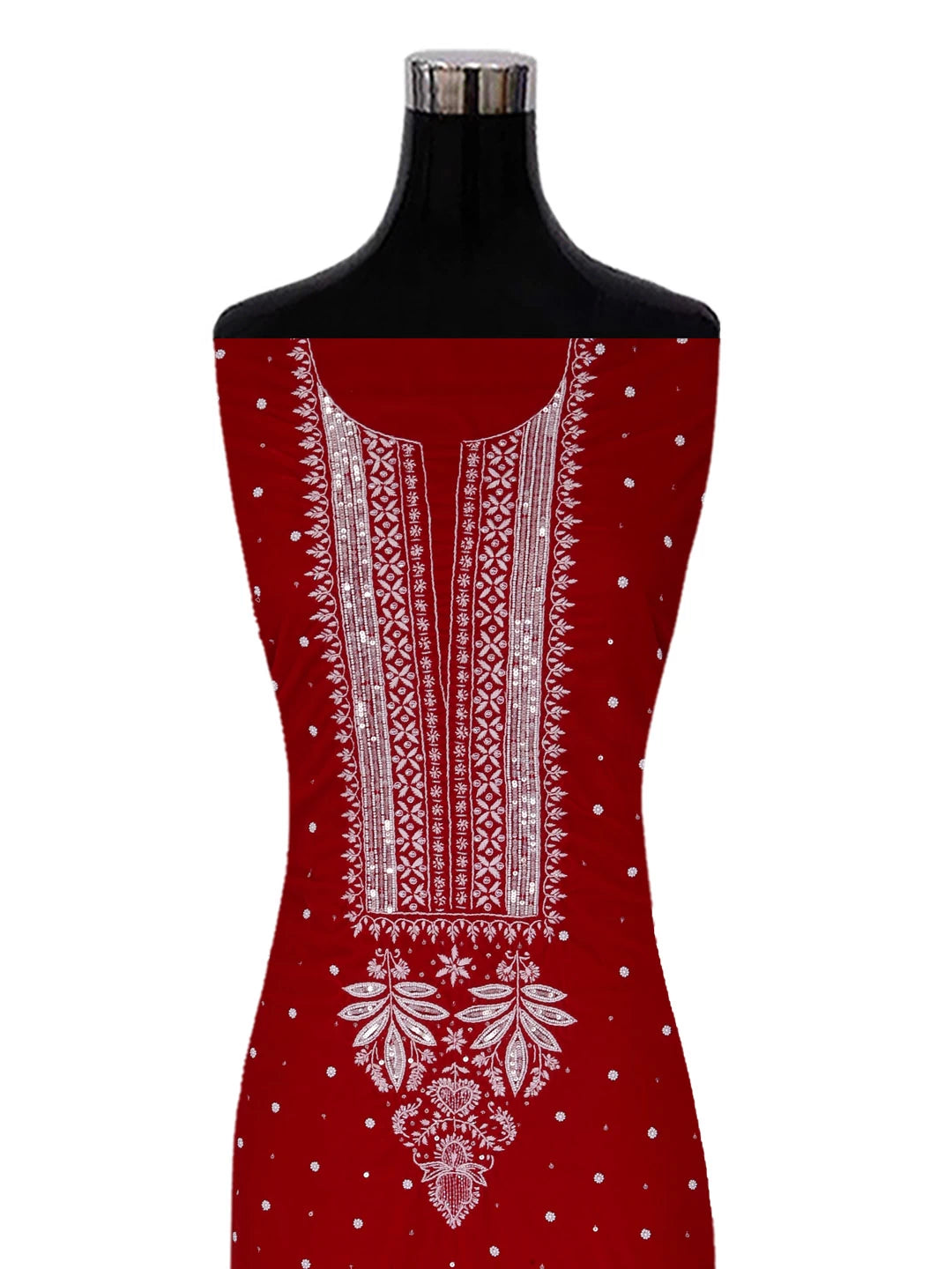 Ada Hand Embroidered Red Velvet Lucknowi Chikankari Unstitched Kurta Dupatta Set With Pearl Work 01A342436
