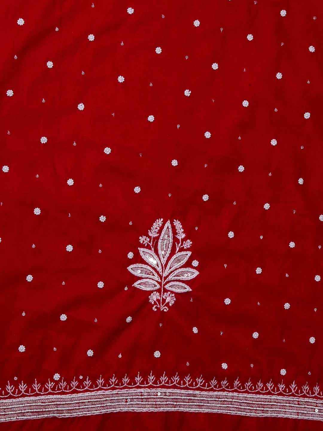 Ada Hand Embroidered Red Velvet Lucknowi Chikankari Unstitched Kurta Dupatta Set With Pearl Work 01A342436
