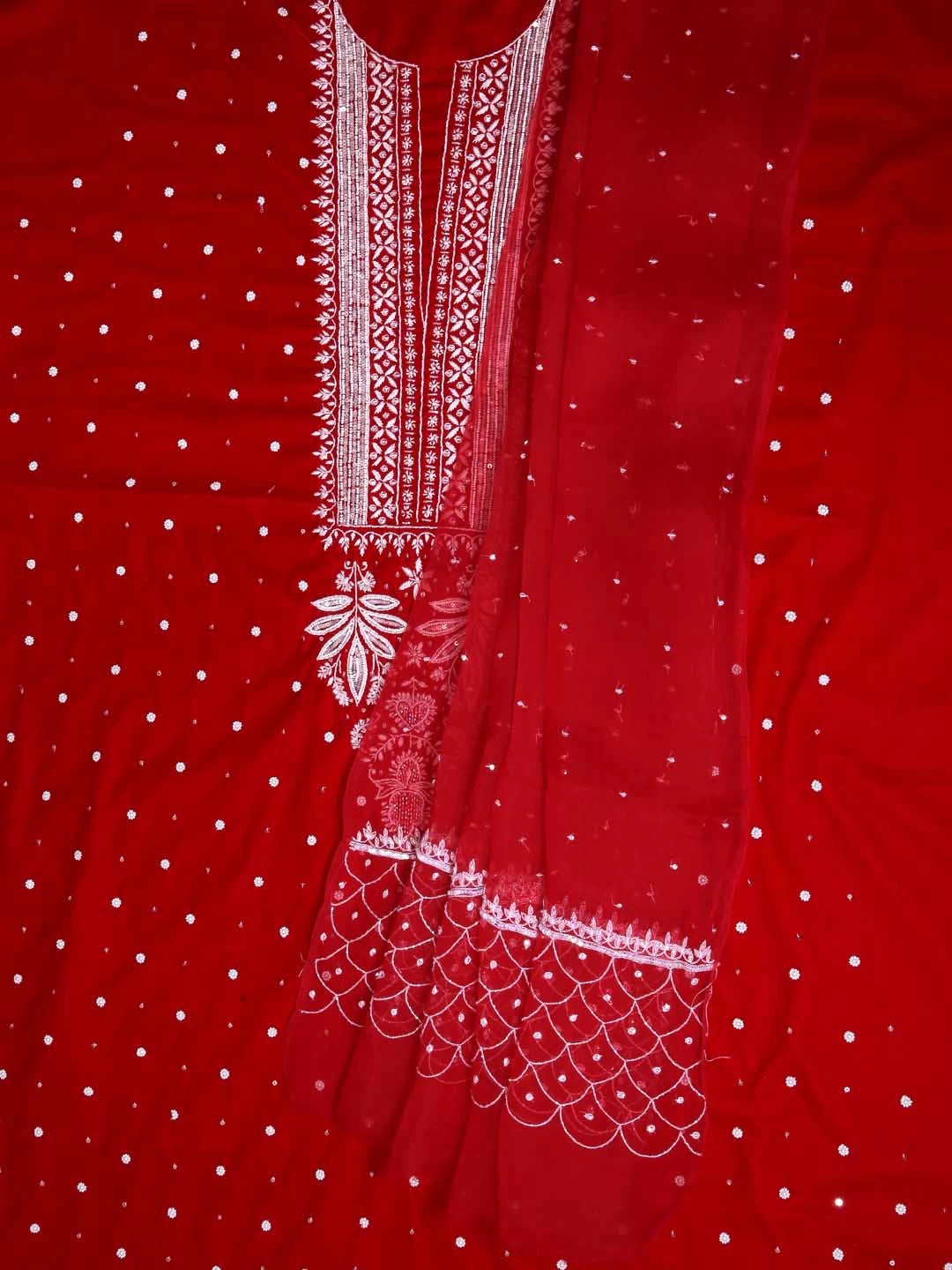 Ada Hand Embroidered Red Velvet Lucknowi Chikankari Unstitched Kurta Dupatta Set With Pearl Work 01A342436