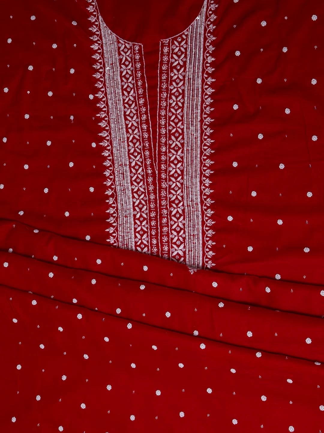 Ada Hand Embroidered Red Velvet Lucknowi Chikankari Unstitched Kurta Dupatta Set With Pearl Work 01A342436