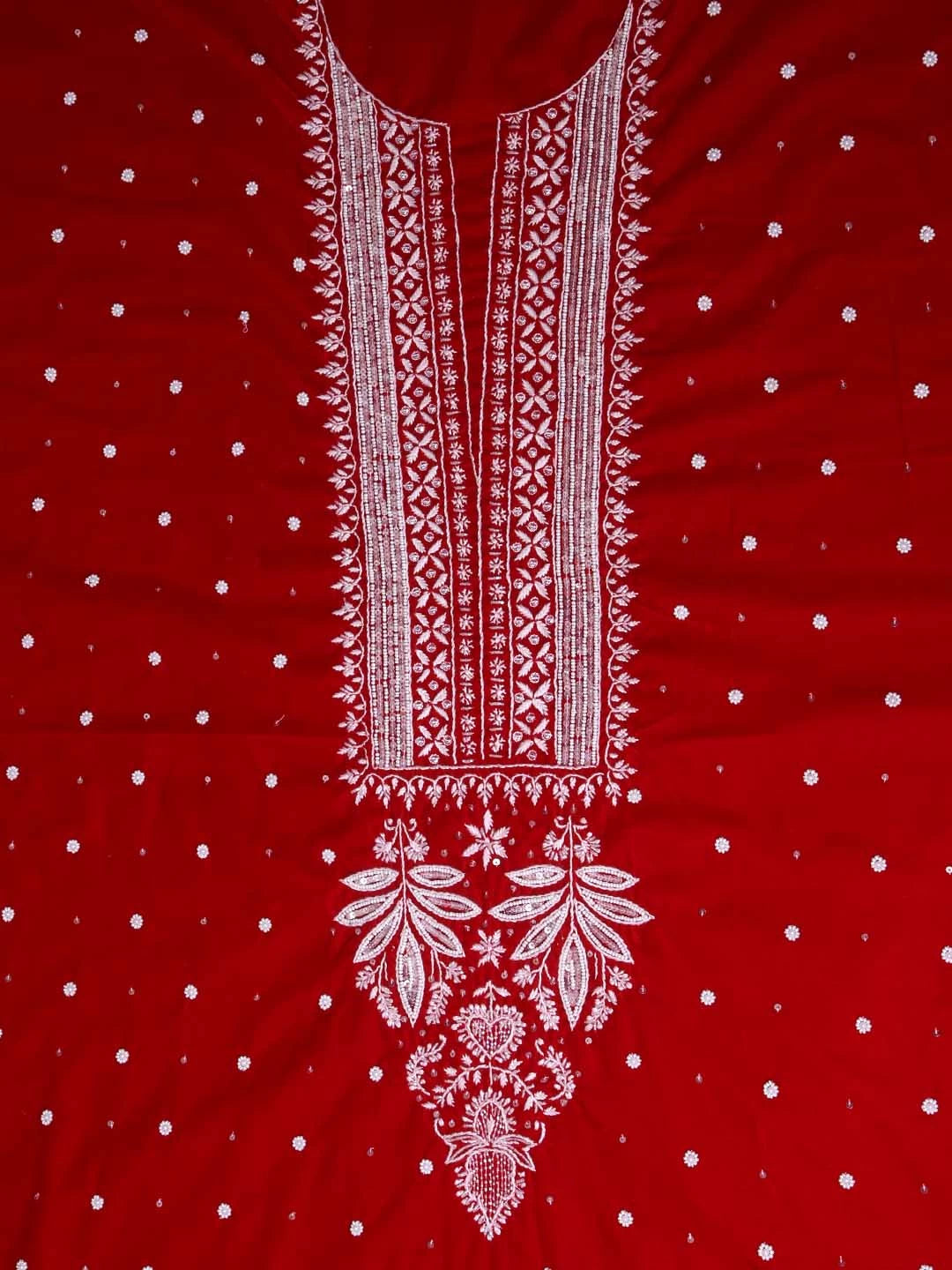 Ada Hand Embroidered Red Velvet Lucknowi Chikankari Unstitched Kurta Dupatta Set With Pearl Work 01A342436