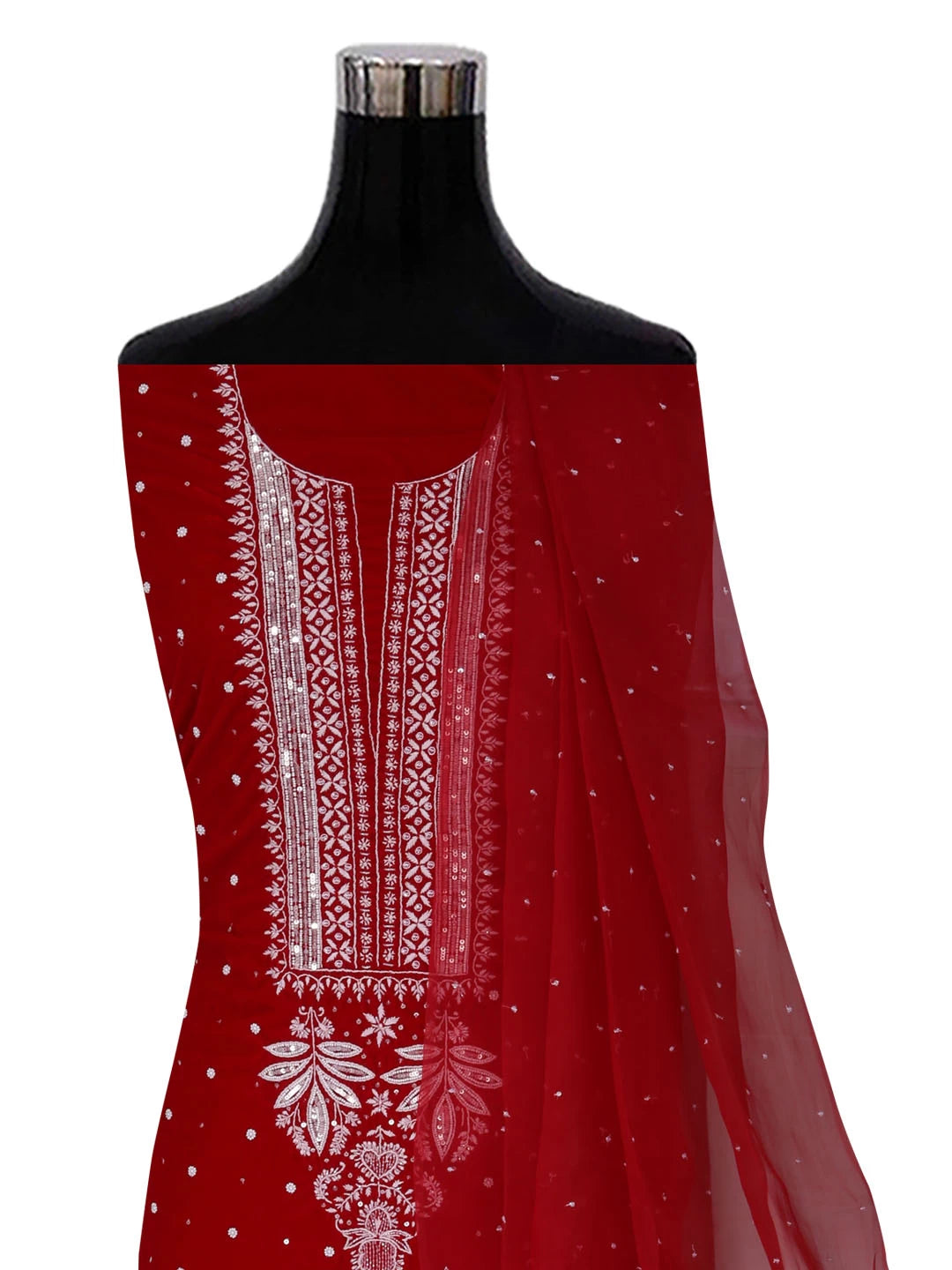 Ada Hand Embroidered Red Velvet Lucknowi Chikankari Unstitched Kurta Dupatta Set With Pearl Work 01A342436