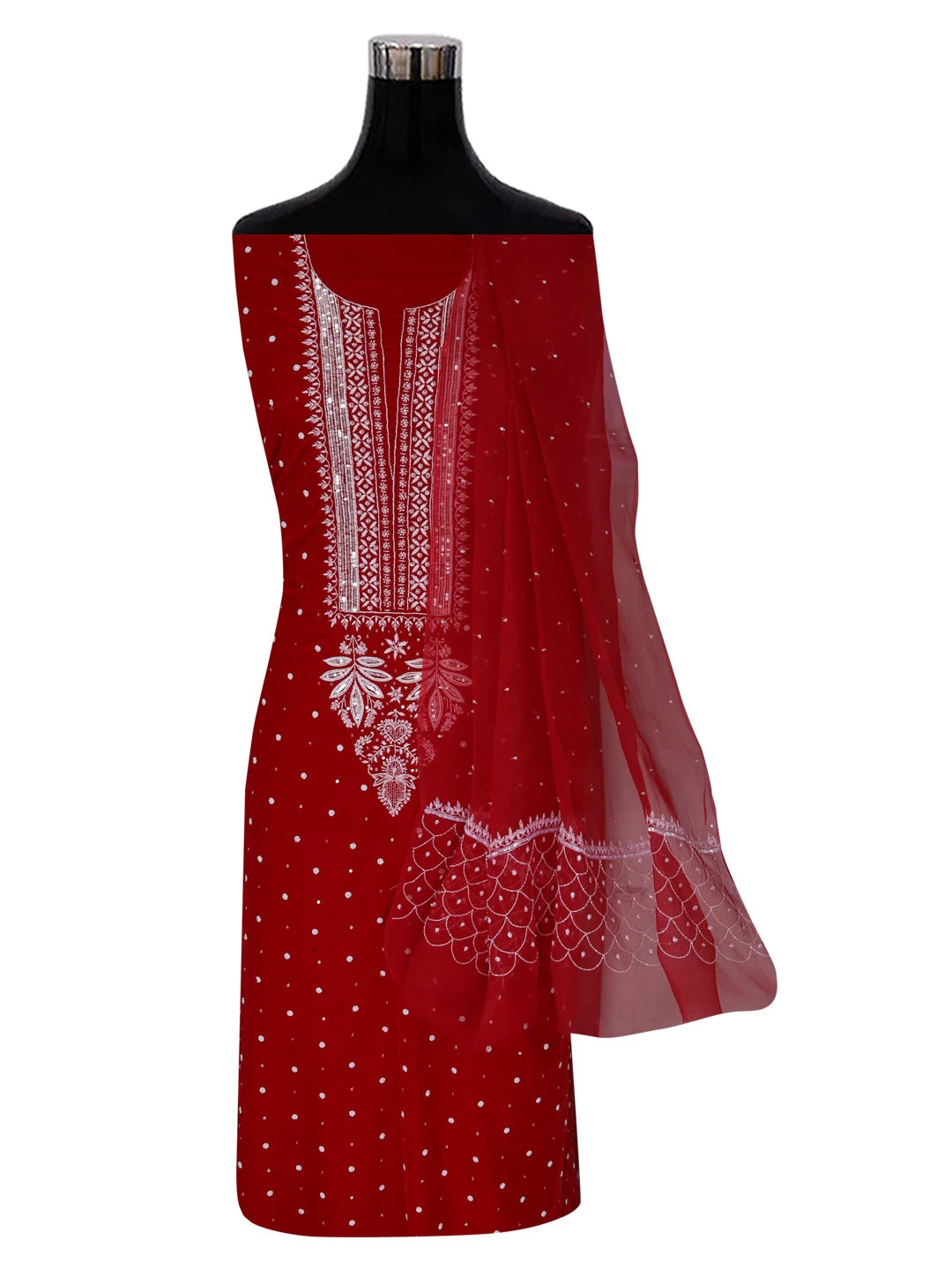Ada Hand Embroidered Red Velvet Lucknowi Chikankari Unstitched Kurta Dupatta Set With Pearl Work 01A342436