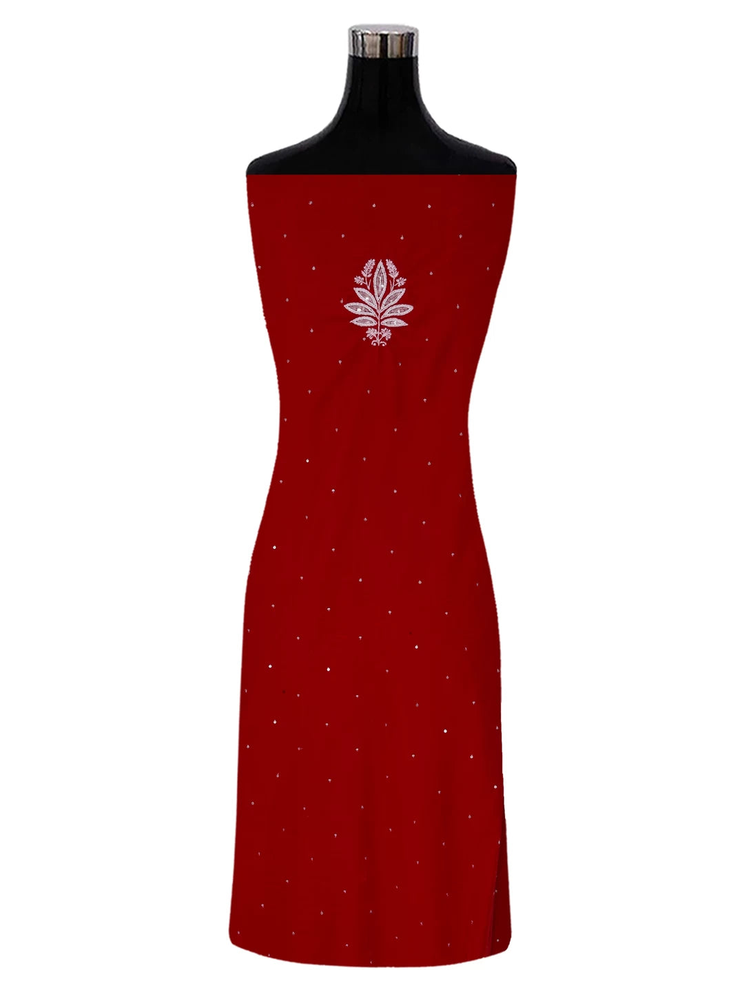 Ada Hand Embroidered Red Velvet Lucknowi Chikankari Unstitched Kurta Dupatta Set With Pearl Work 01A342436
