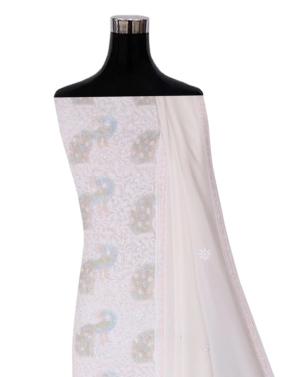 Ada Hand Embroidered White Pure Georgette Lucknowi Chikankari Unstitched Kurta Dupatta Set With Cutdana Work 01A403805