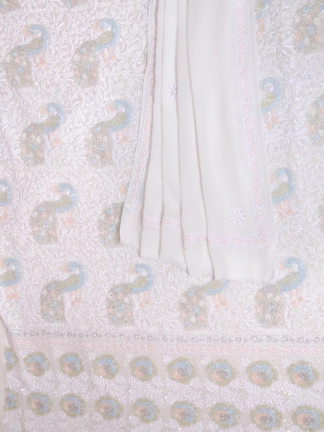 Ada Hand Embroidered White Pure Georgette Lucknowi Chikankari Unstitched Kurta Dupatta Set With Cutdana Work 01A403805