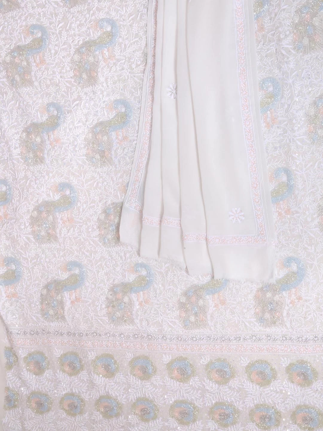 Ada Hand Embroidered White Pure Georgette Lucknowi Chikankari Unstitched Kurta Dupatta Set With Cutdana Work 01A403805