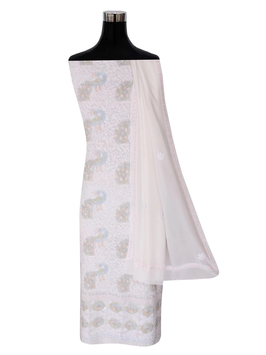 Ada Hand Embroidered White Pure Georgette Lucknowi Chikankari Unstitched Kurta Dupatta Set With Cutdana Work 01A403805