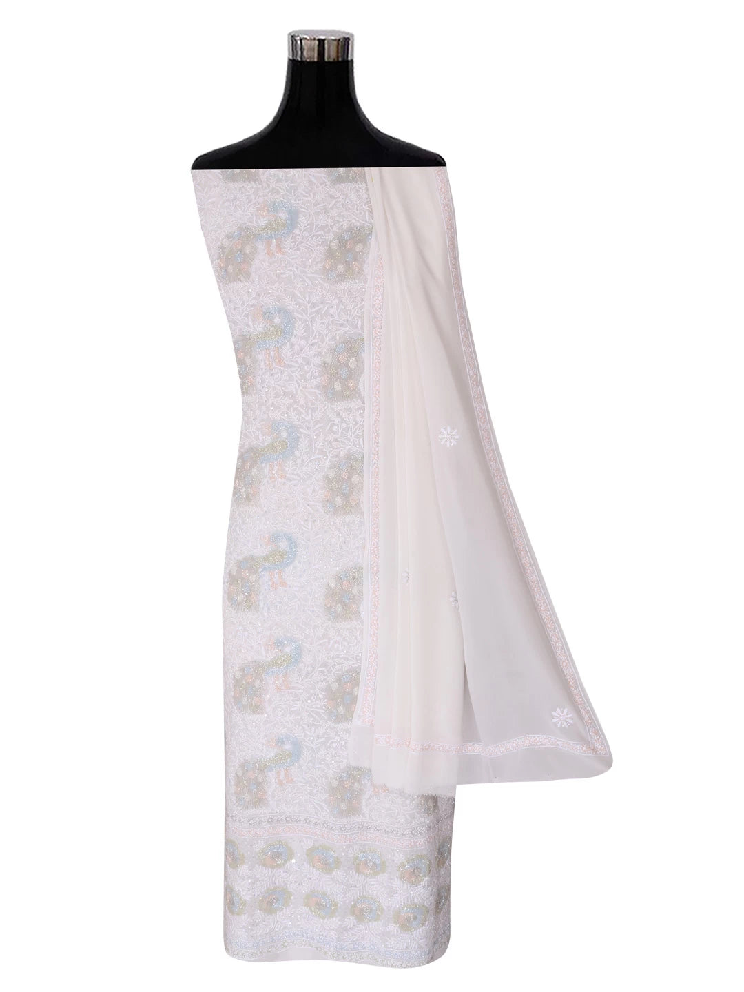 Ada Hand Embroidered White Pure Georgette Lucknowi Chikankari Unstitched Kurta Dupatta Set With Cutdana Work 01A403805