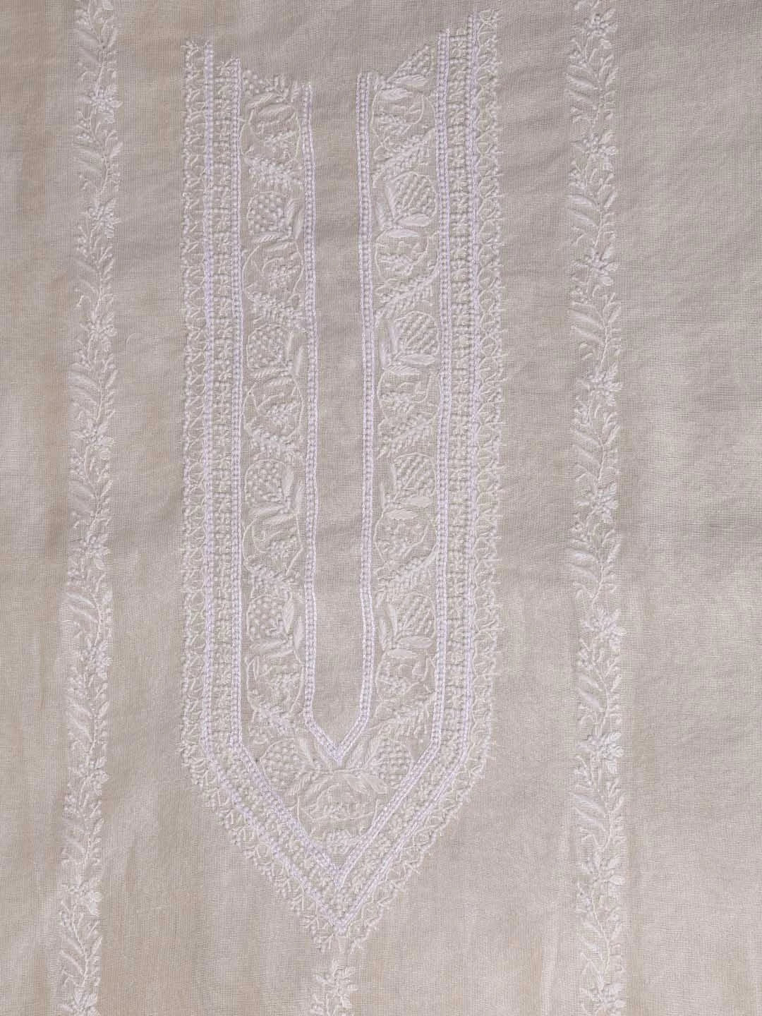 Ada Hand Embroidered Fawn Chanderi Lucknowi Chikankari Unstitched Men's Kurta Piece With Pearl Work 01A408356