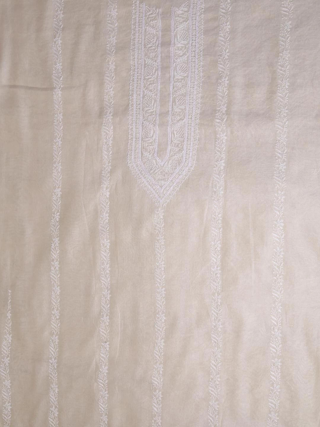 Ada Hand Embroidered Fawn Chanderi Lucknowi Chikankari Unstitched Men's Kurta Piece With Pearl Work 01A408356