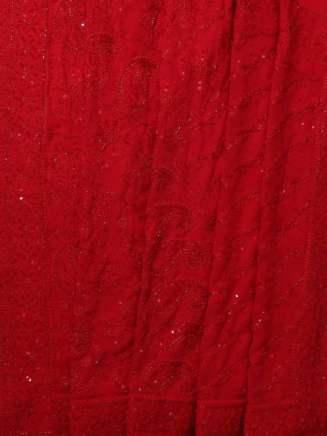 Ada Hand Embroidered Crimson Red Pure Georgette Lucknowi Chikankari Saree/Blouse With Cutdana/Pearl Work 01A373370