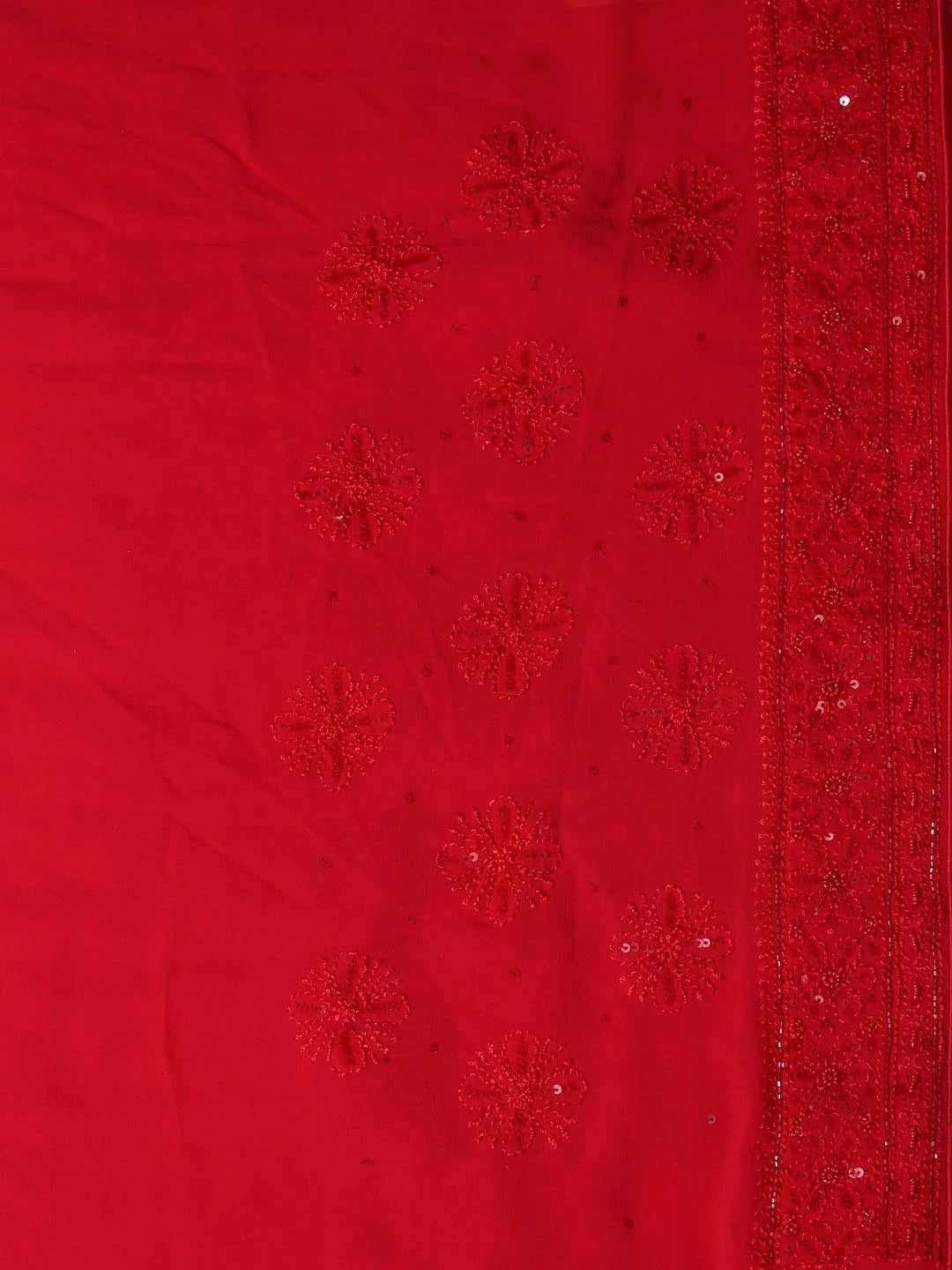 Ada Hand Embroidered Crimson Red Pure Georgette Lucknowi Chikankari Saree/Blouse With Cutdana/Pearl Work 01A373370