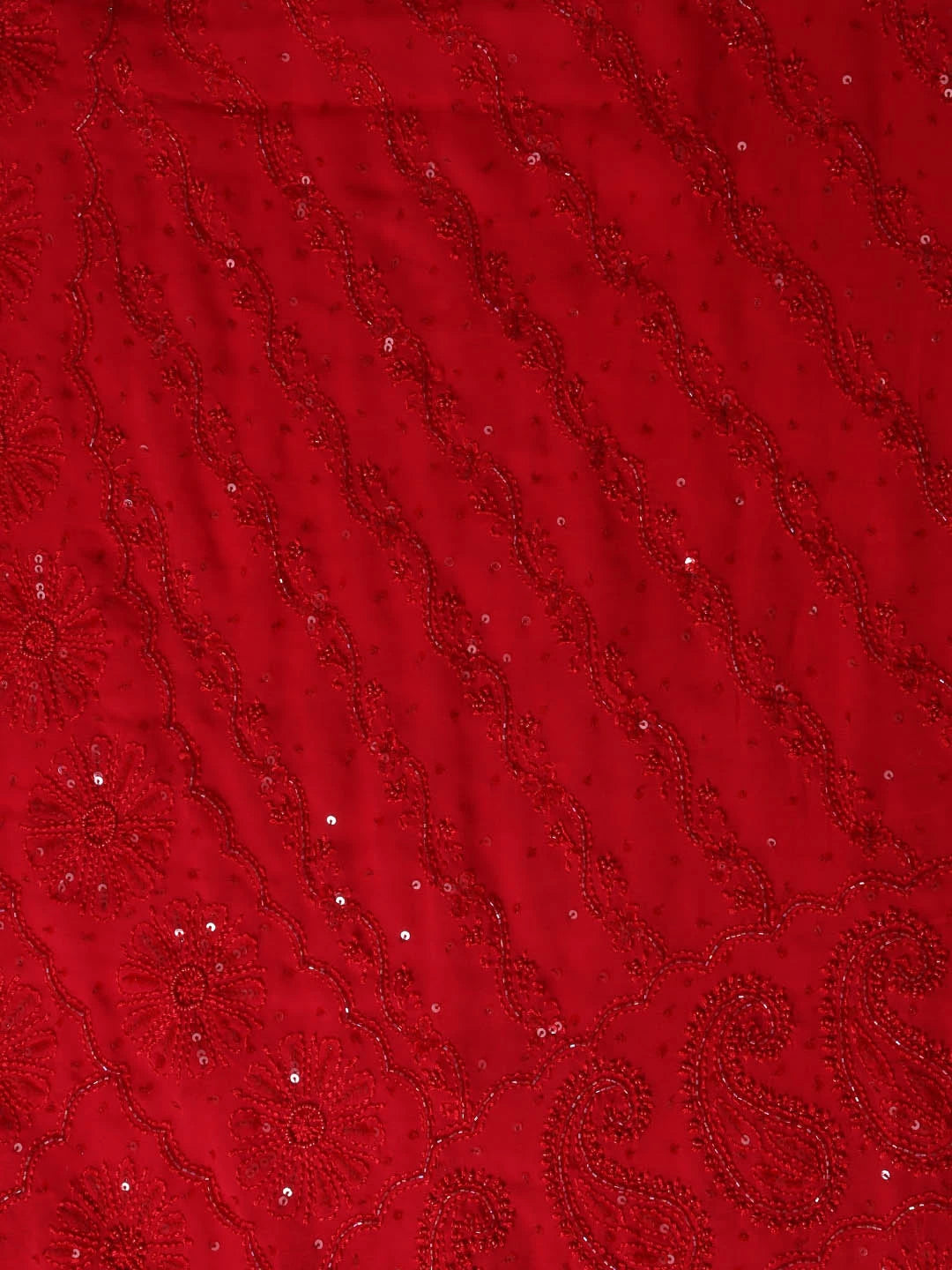 Ada Hand Embroidered Crimson Red Pure Georgette Lucknowi Chikankari Saree/Blouse With Cutdana/Pearl Work 01A373370