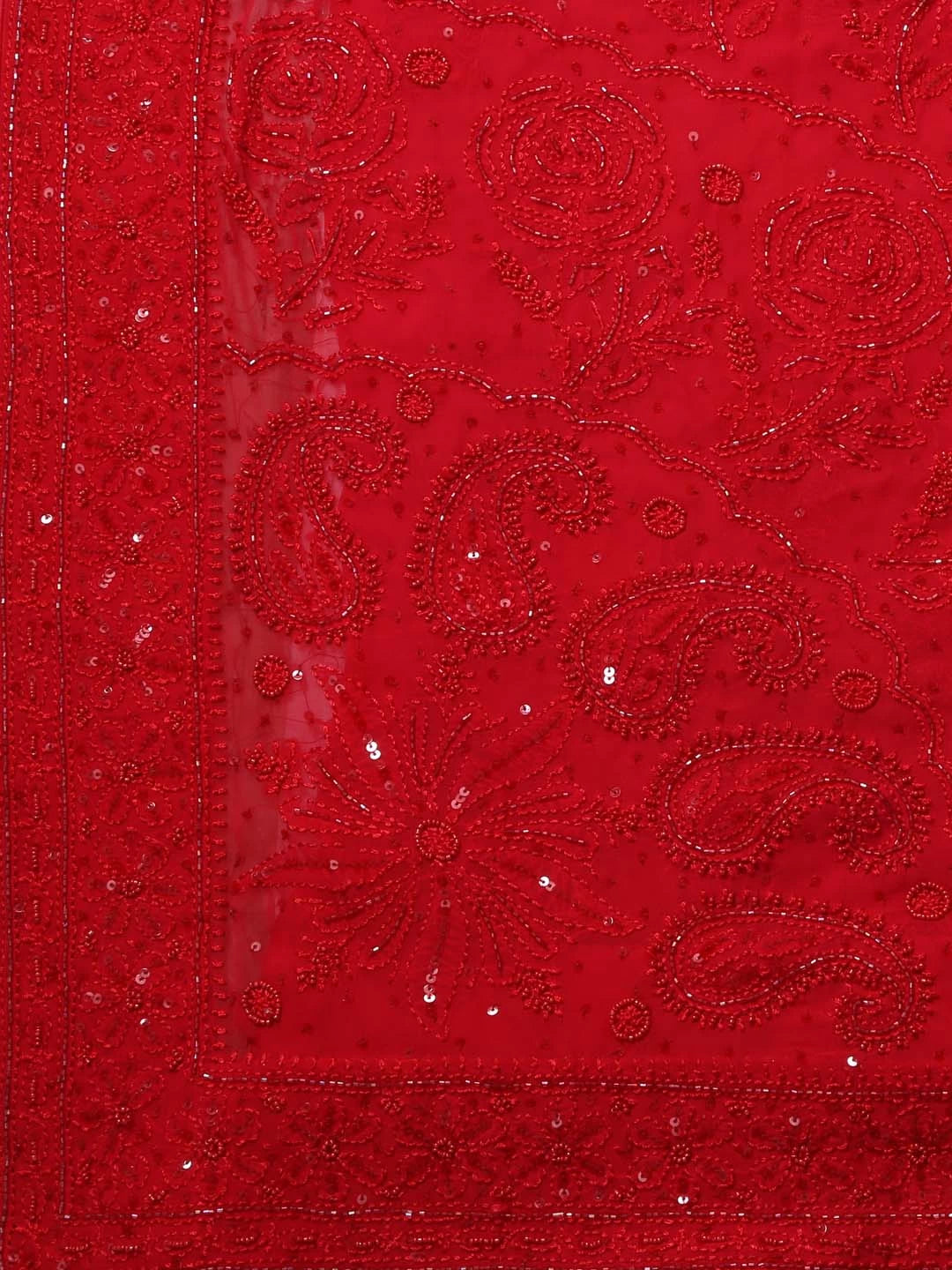 Ada Hand Embroidered Crimson Red Pure Georgette Lucknowi Chikankari Saree/Blouse With Cutdana/Pearl Work 01A373370