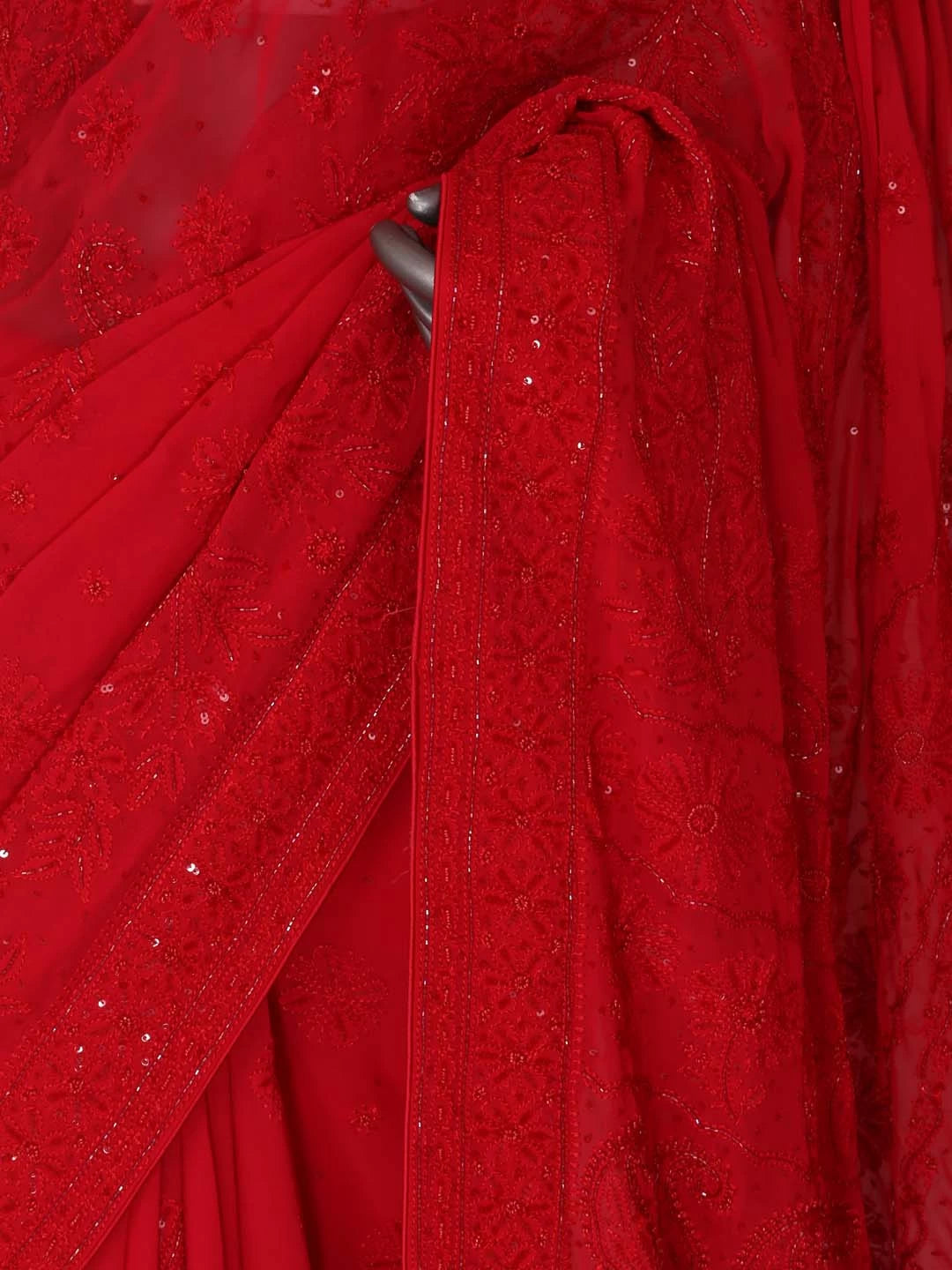 Ada Hand Embroidered Crimson Red Pure Georgette Lucknowi Chikankari Saree/Blouse With Cutdana/Pearl Work 01A373370