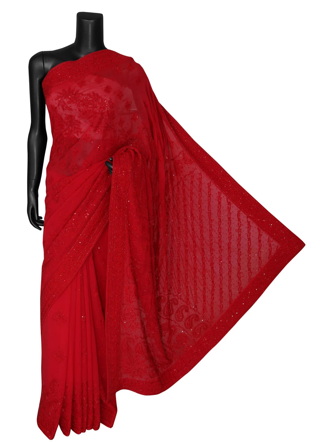 Ada Hand Embroidered Crimson Red Pure Georgette Lucknowi Chikankari Saree/Blouse With Cutdana/Pearl Work 01A373370
