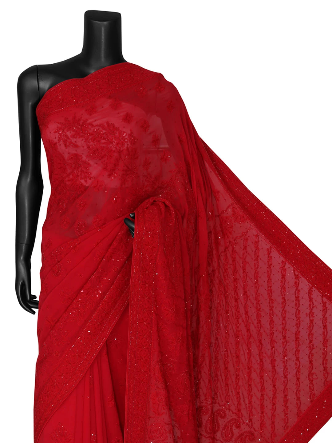 Ada Hand Embroidered Crimson Red Pure Georgette Lucknowi Chikankari Saree/Blouse With Cutdana/Pearl Work 01A373370