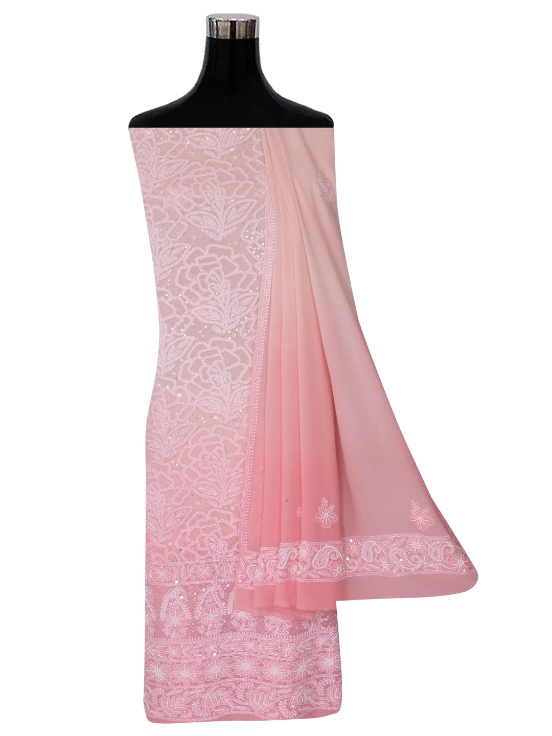 Ada Hand Embroidered Peach Ombre Shade Pure Georgette Lucknowi Chikankari Unstitched Kurta Dupatta Set With Pearl Work 01A361047