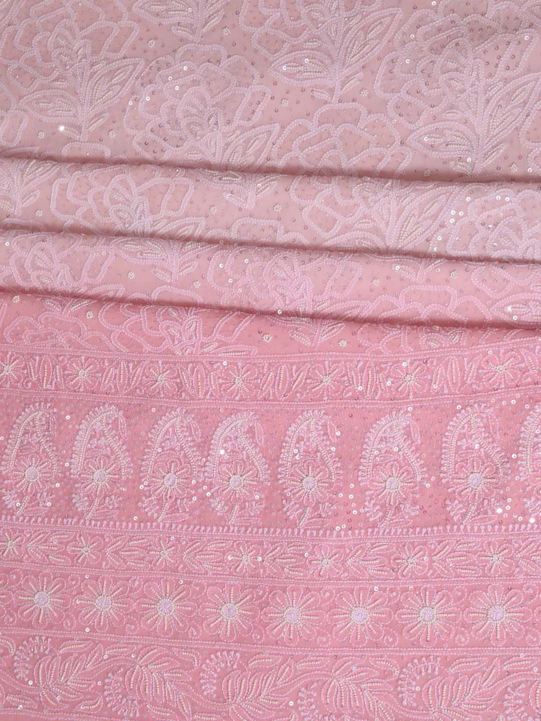 Ada Hand Embroidered Peach Ombre Shade Pure Georgette Lucknowi Chikankari Unstitched Kurta Dupatta Set With Pearl Work 01A361047