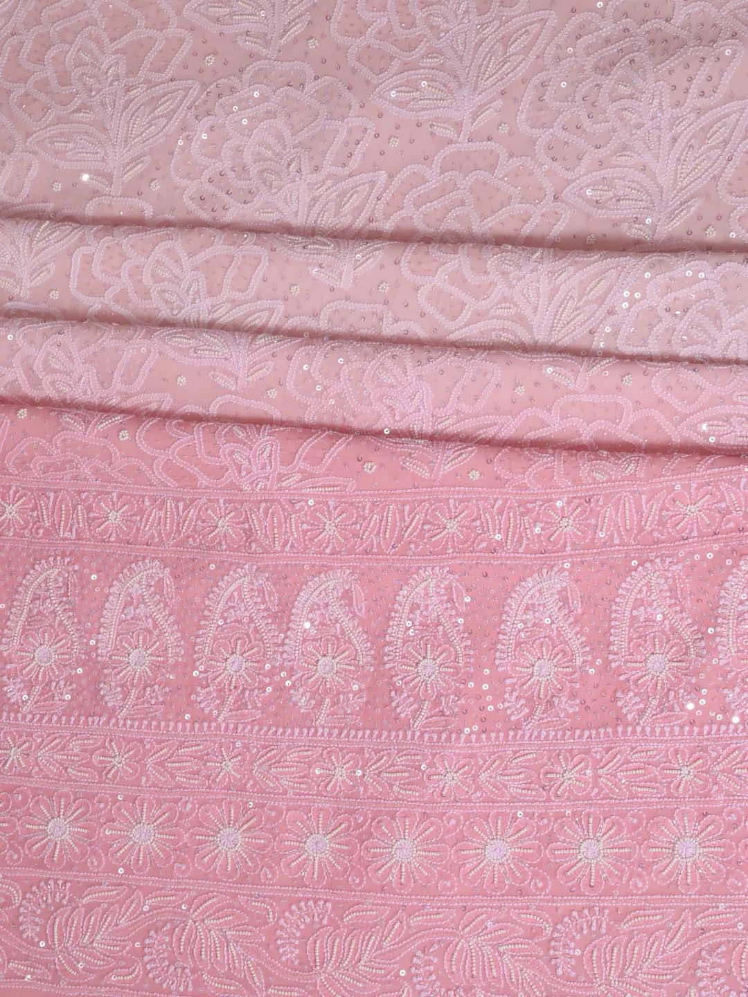 Ada Hand Embroidered Peach Ombre Shade Pure Georgette Lucknowi Chikankari Unstitched Kurta Dupatta Set With Pearl Work 01A361047
