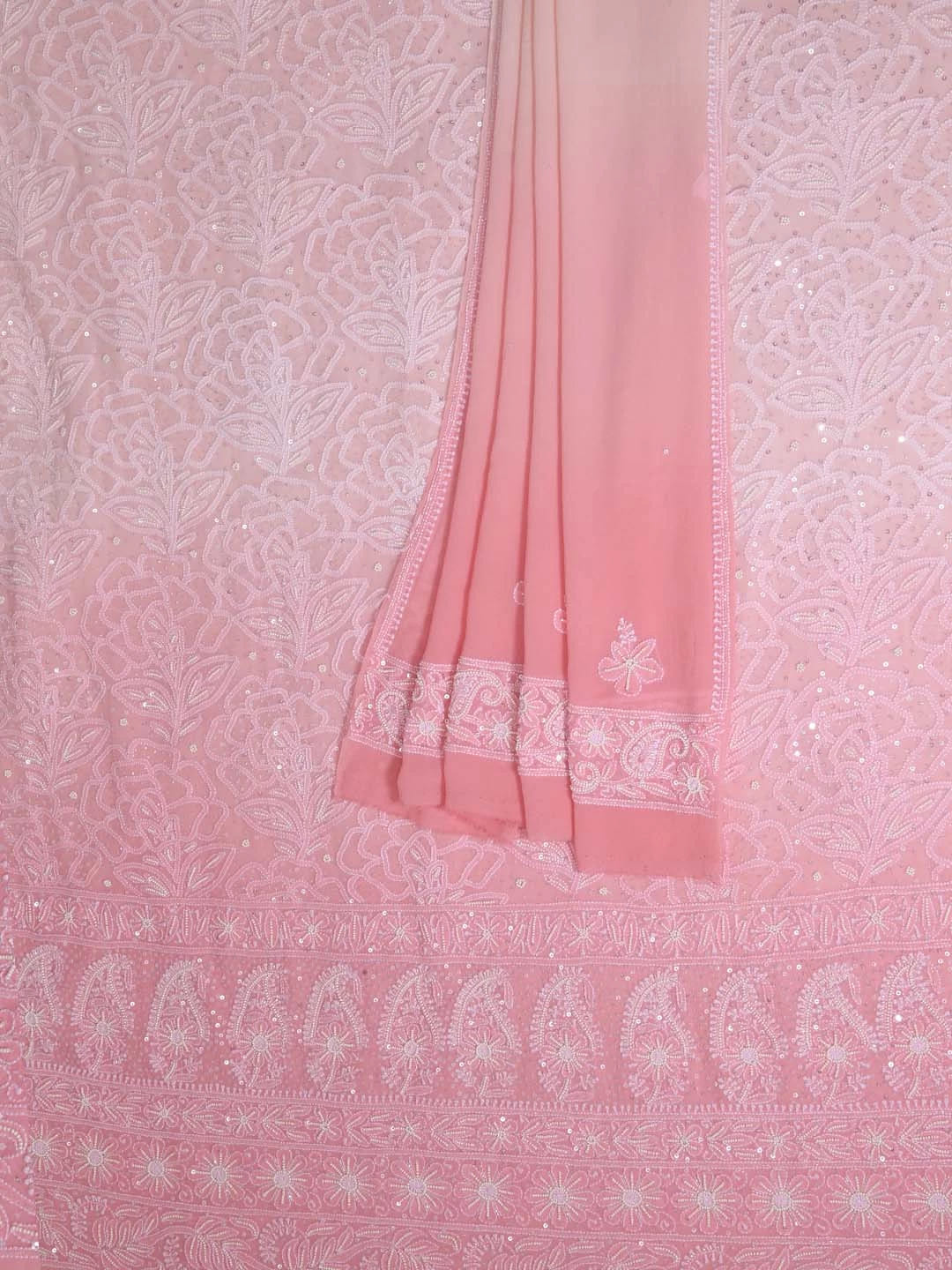 Ada Hand Embroidered Peach Ombre Shade Pure Georgette Lucknowi Chikankari Unstitched Kurta Dupatta Set With Pearl Work 01A361047