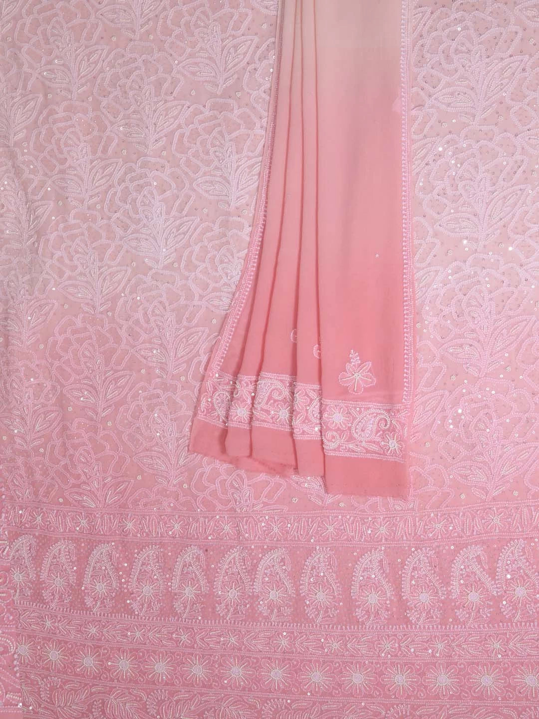 Ada Hand Embroidered Peach Ombre Shade Pure Georgette Lucknowi Chikankari Unstitched Kurta Dupatta Set With Pearl Work 01A361047