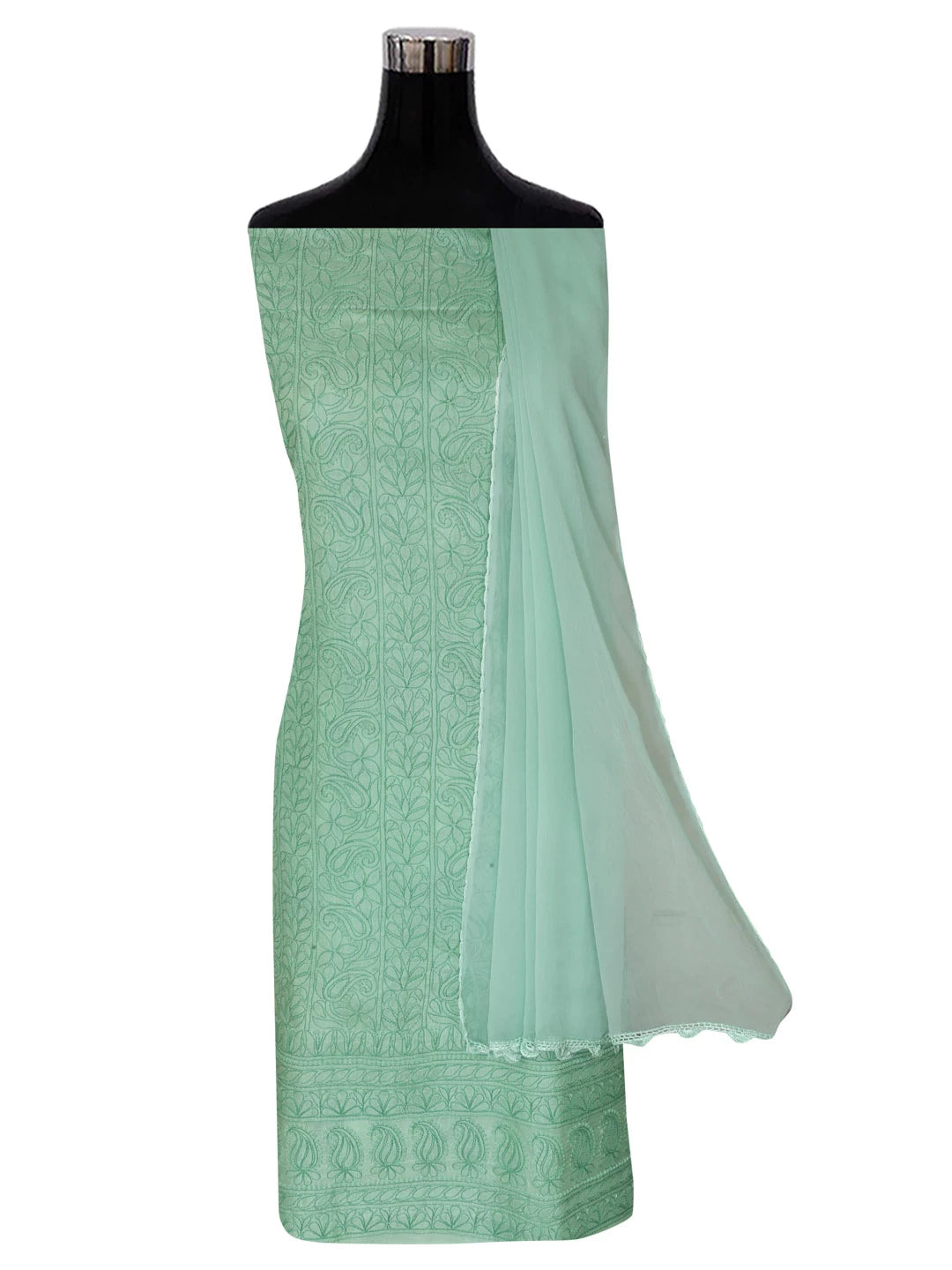 Ada Hand Embroidered Green Silk Lucknowi Chikankari Unstitched Suit Piece 01A344645