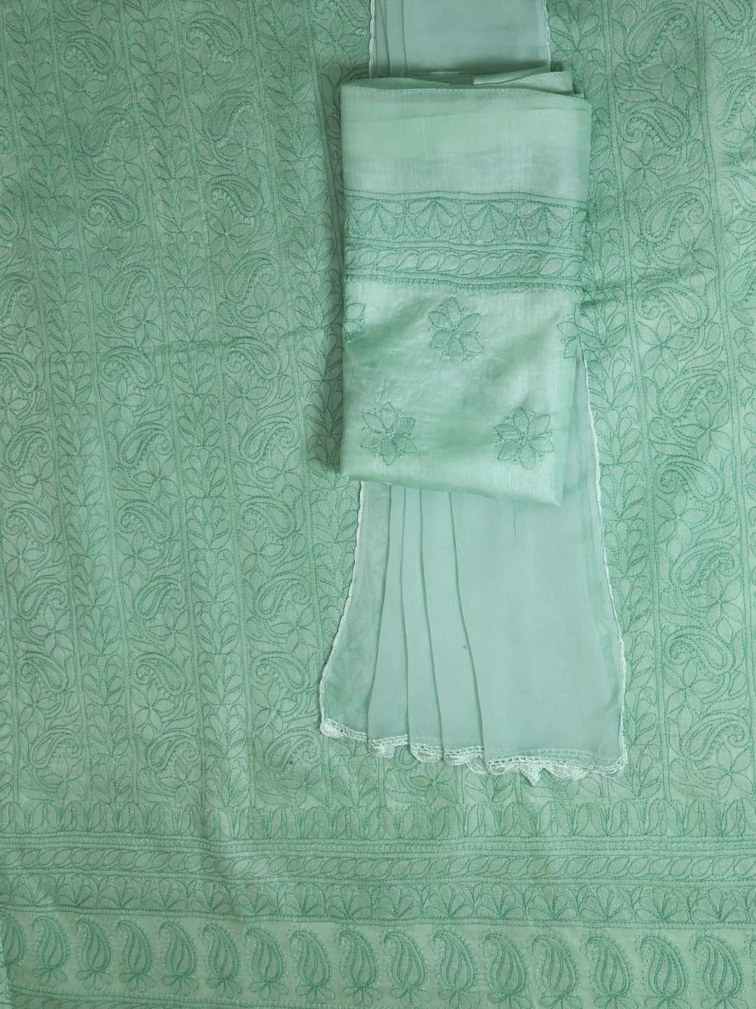 Ada Hand Embroidered Green Silk Lucknowi Chikankari Unstitched Suit Piece 01A344645