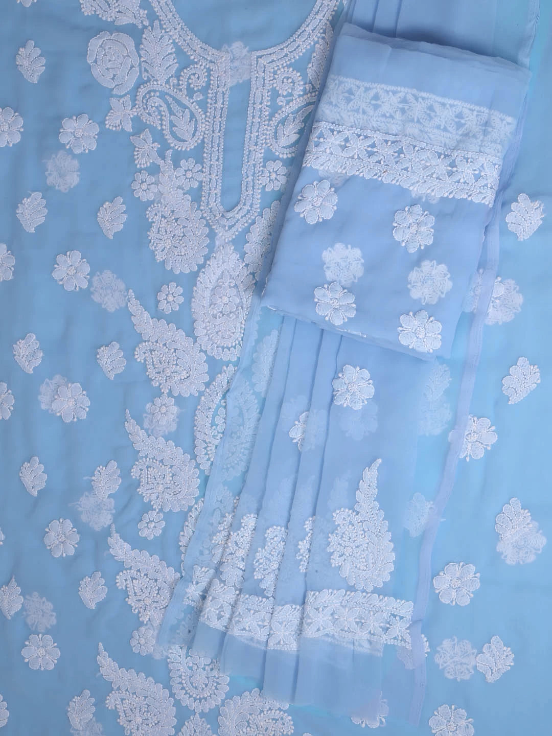 Ada Hand Embroidered Blue Georgette Lucknowi Chikankari Unstitched Suit Piece 01A353182