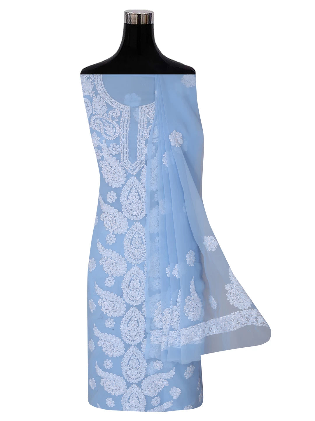 Ada Hand Embroidered Blue Georgette Lucknowi Chikankari Unstitched Suit Piece 01A353182