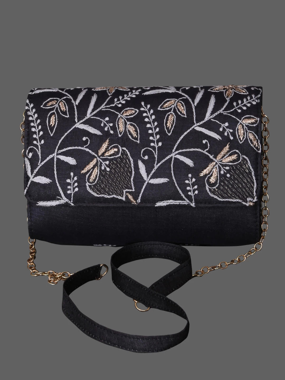 Ada Hand Embroidered Black Silk Lucknowi Chikankari Clutch With Zari Work 01A364067