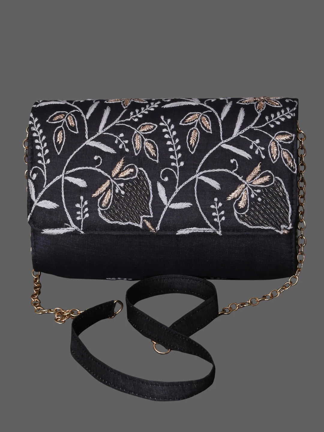 Ada Hand Embroidered Black Silk Lucknowi Chikankari Clutch With Zari Work 01A364067