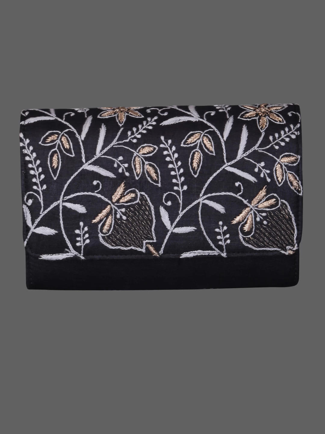Ada Hand Embroidered Black Silk Lucknowi Chikankari Clutch With Zari Work 01A364067