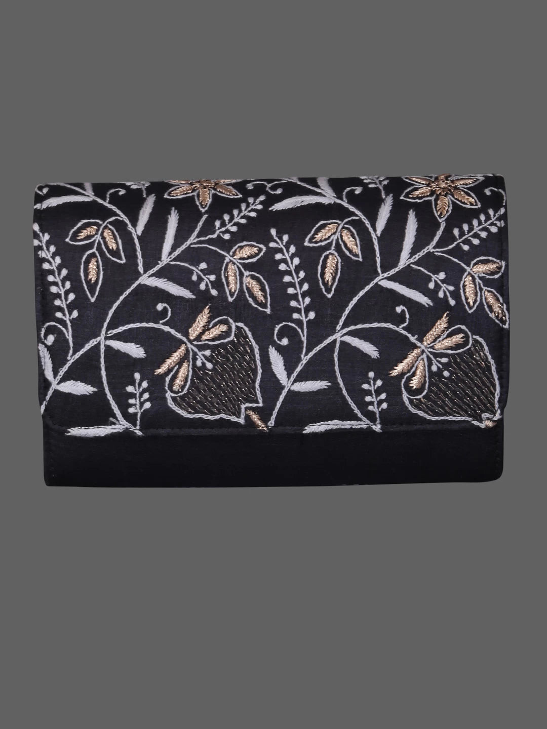 Ada Hand Embroidered Black Silk Lucknowi Chikankari Clutch With Zari Work 01A364067