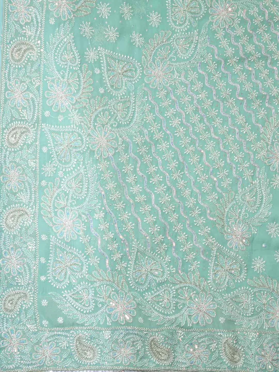 Ada Hand Embroidered Light Seafoam Green Pure Georgette Lucknowi Chikankari Saree/Blouse With Zari Work 01A230401