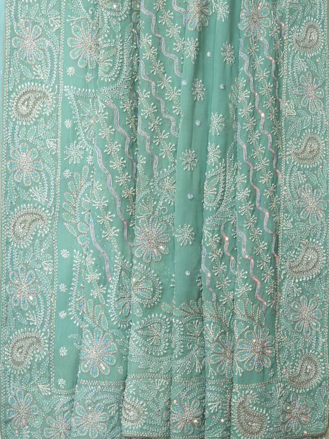 Ada Hand Embroidered Light Seafoam Green Pure Georgette Lucknowi Chikankari Saree/Blouse With Zari Work 01A230401