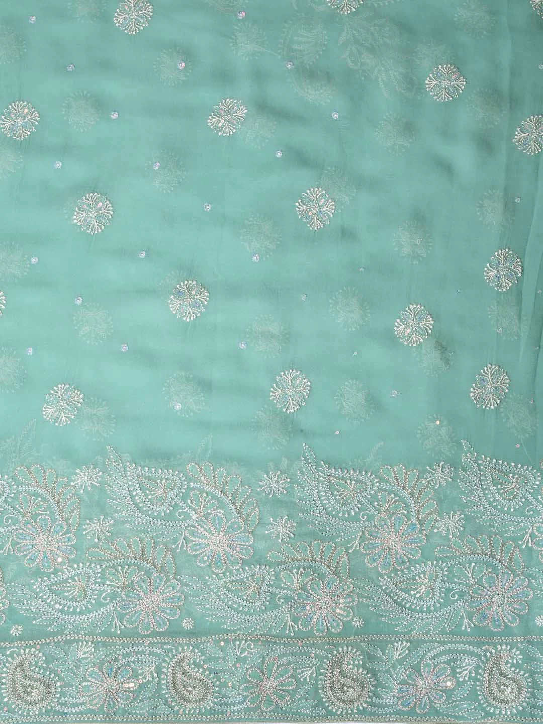 Ada Hand Embroidered Light Seafoam Green Pure Georgette Lucknowi Chikankari Saree/Blouse With Zari Work 01A230401