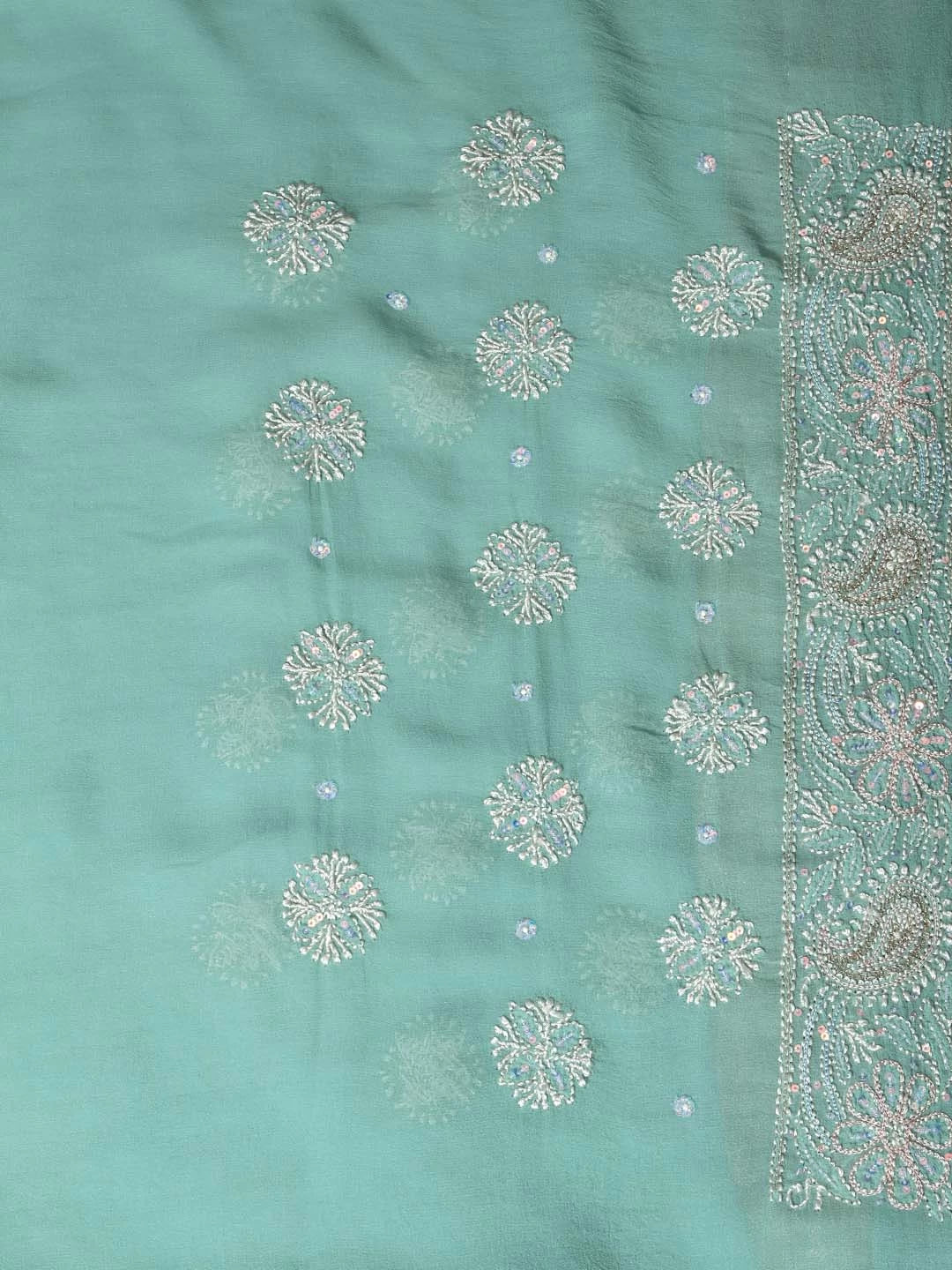 Ada Hand Embroidered Light Seafoam Green Pure Georgette Lucknowi Chikankari Saree/Blouse With Zari Work 01A230401