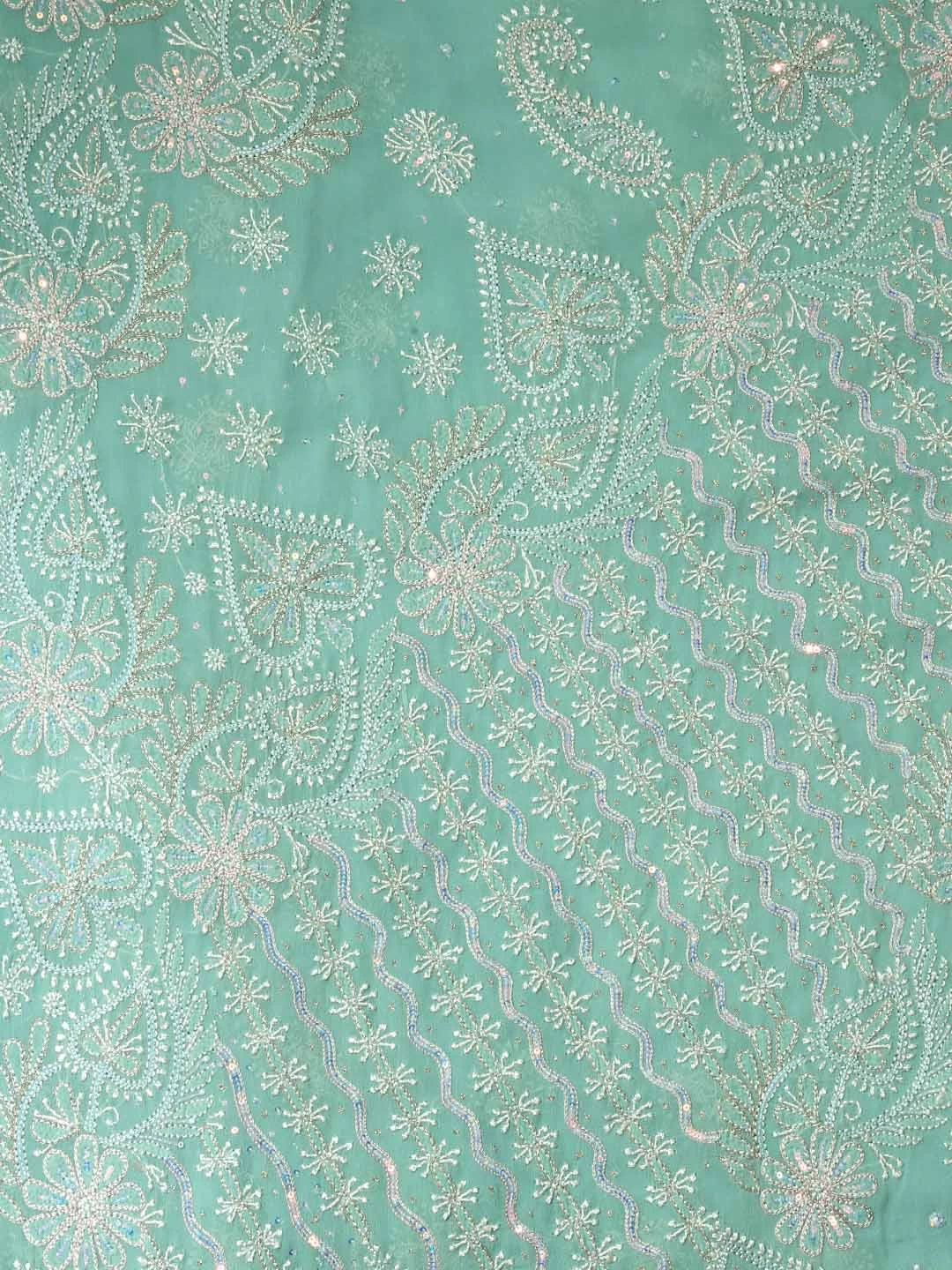 Ada Hand Embroidered Light Seafoam Green Pure Georgette Lucknowi Chikankari Saree/Blouse With Zari Work 01A230401