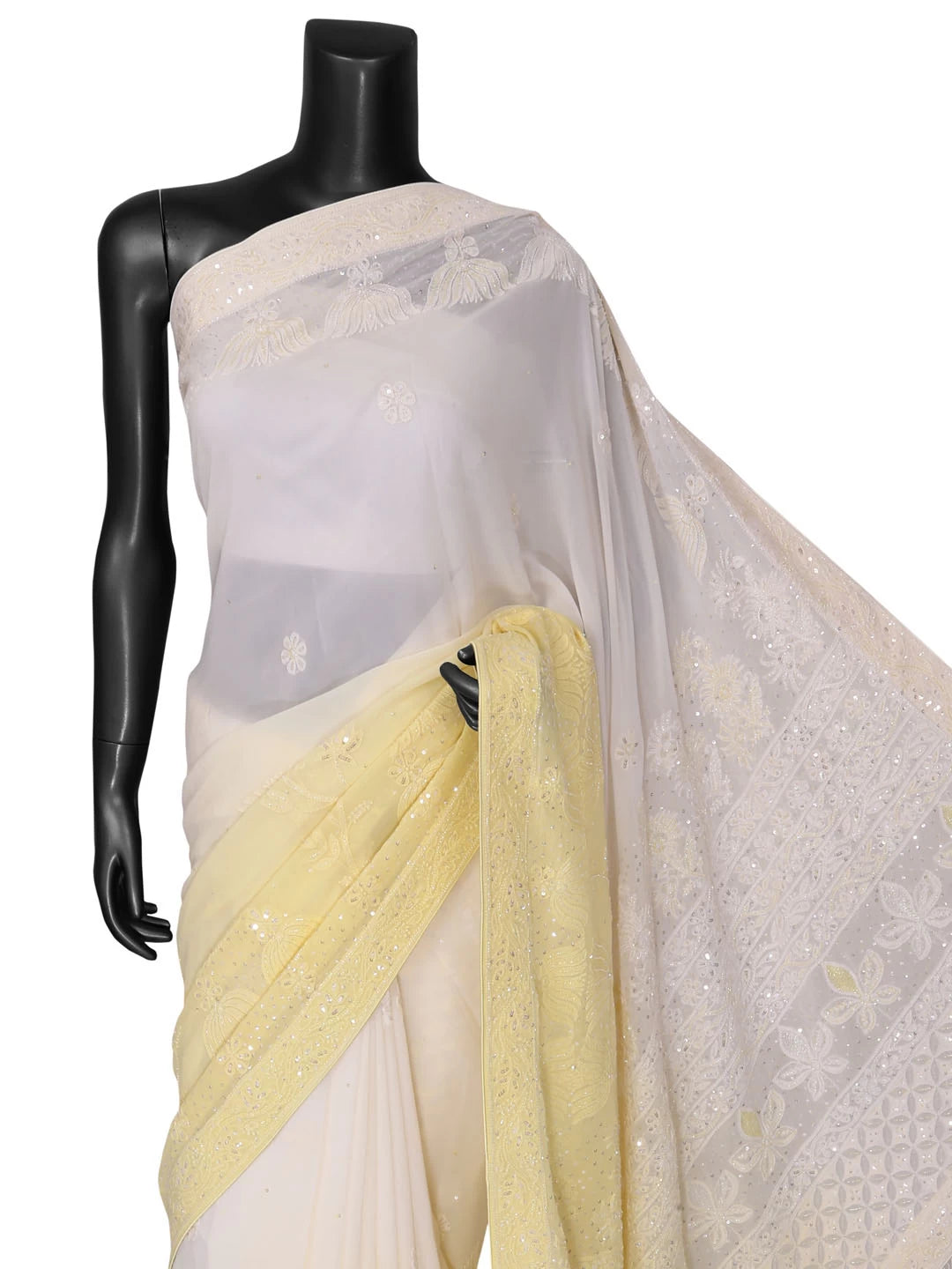 Ada Hand Embroidered Yellow Georgette Lucknow Chikankari Saree/Blouse With Cutdana Work 01A363848