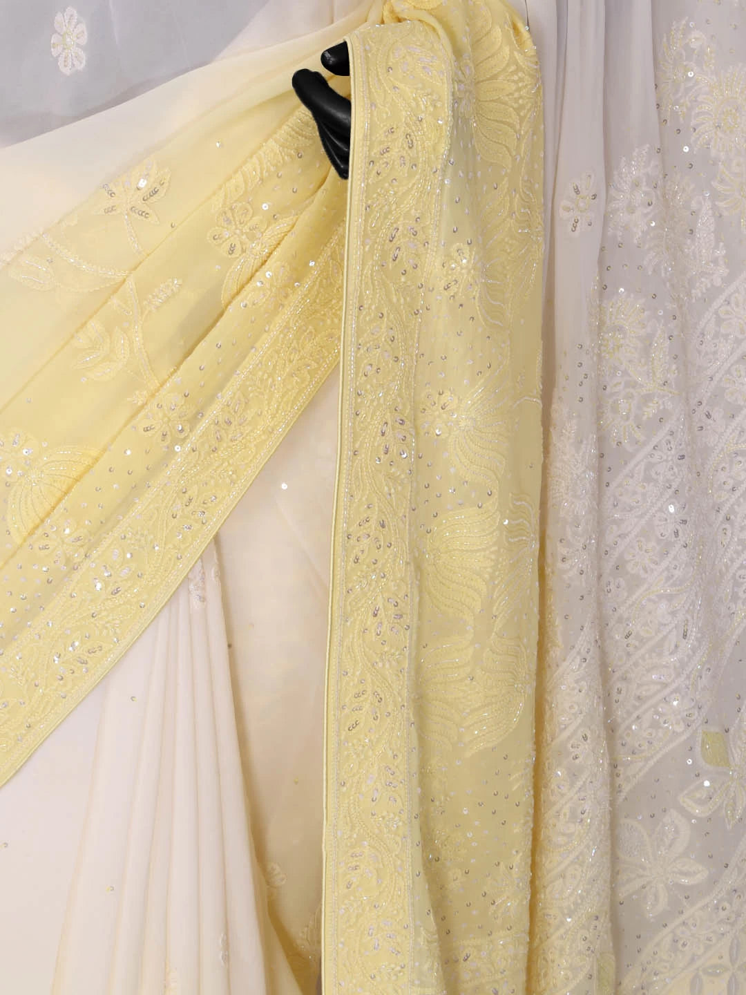 Ada Hand Embroidered Yellow Georgette Lucknow Chikankari Saree/Blouse With Cutdana Work 01A363848