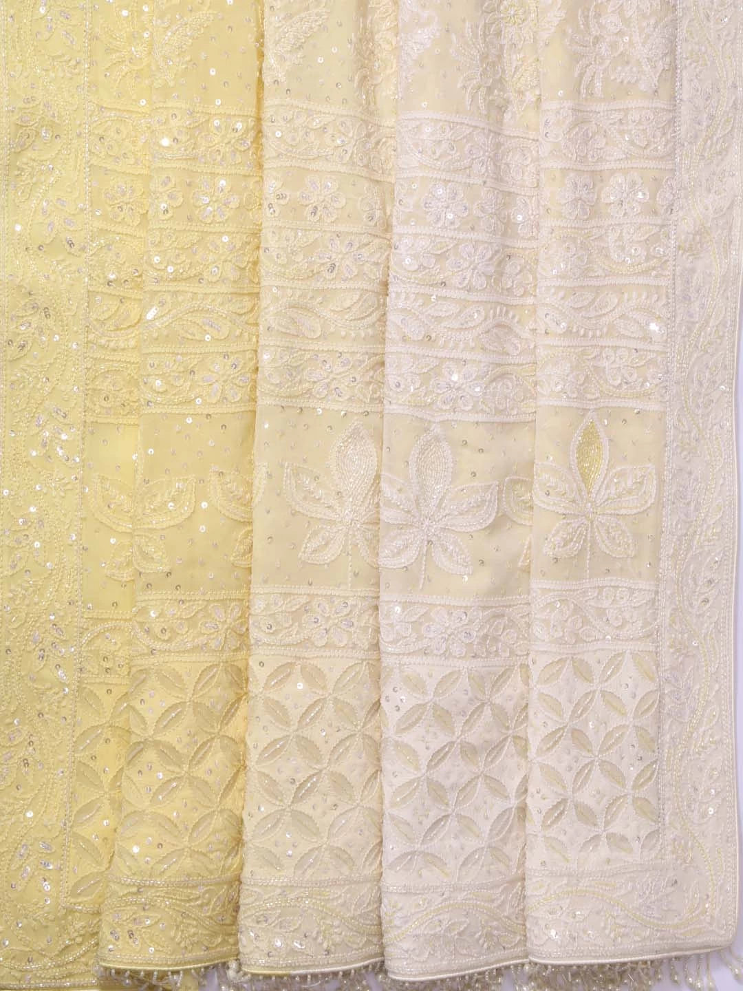 Ada Hand Embroidered Yellow Georgette Lucknow Chikankari Saree/Blouse With Cutdana Work 01A363848