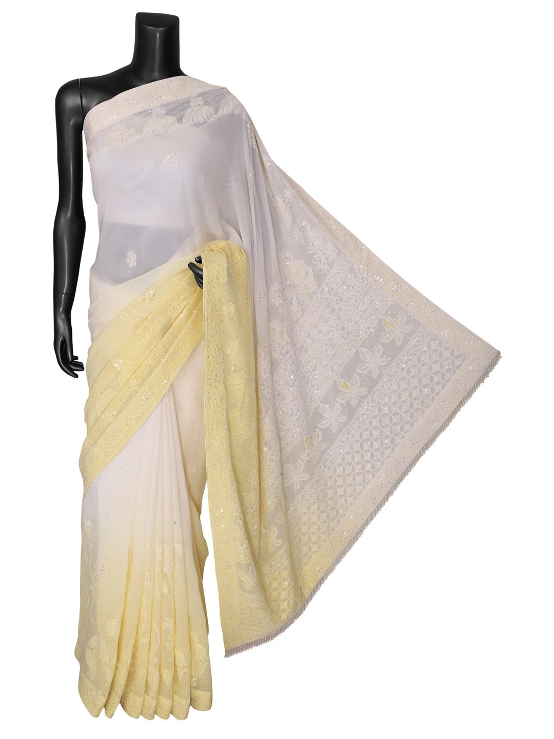 Ada Hand Embroidered Yellow Georgette Lucknow Chikankari Saree/Blouse With Cutdana Work 01A363848
