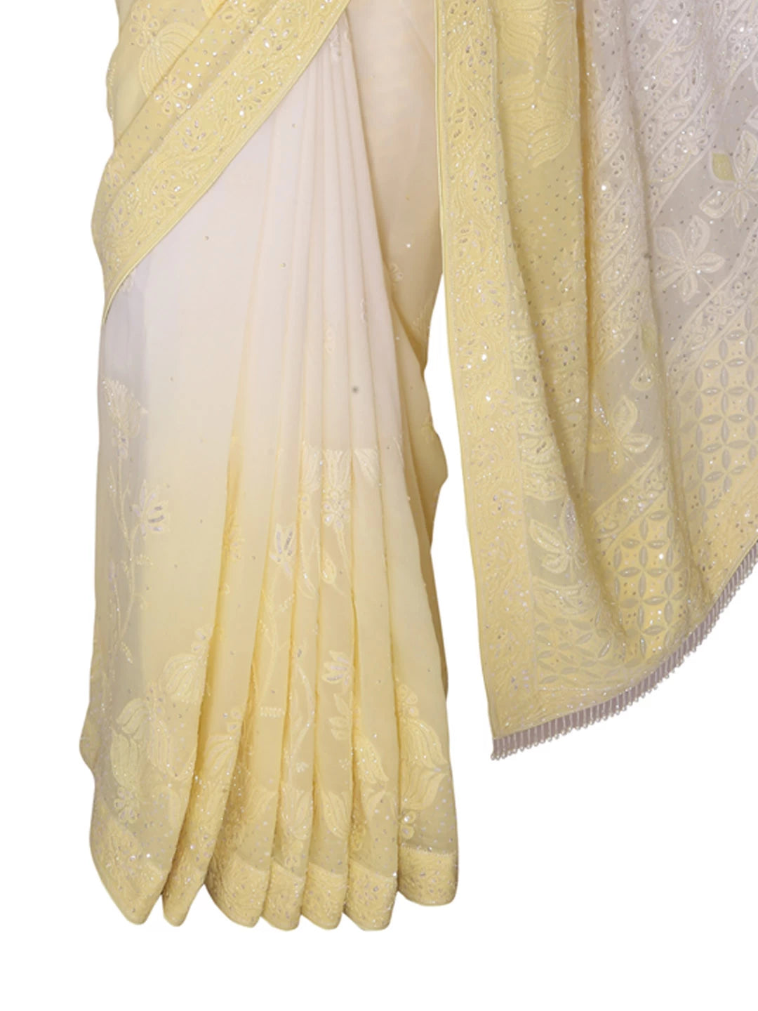 Ada Hand Embroidered Yellow Georgette Lucknow Chikankari Saree/Blouse With Cutdana Work 01A363848