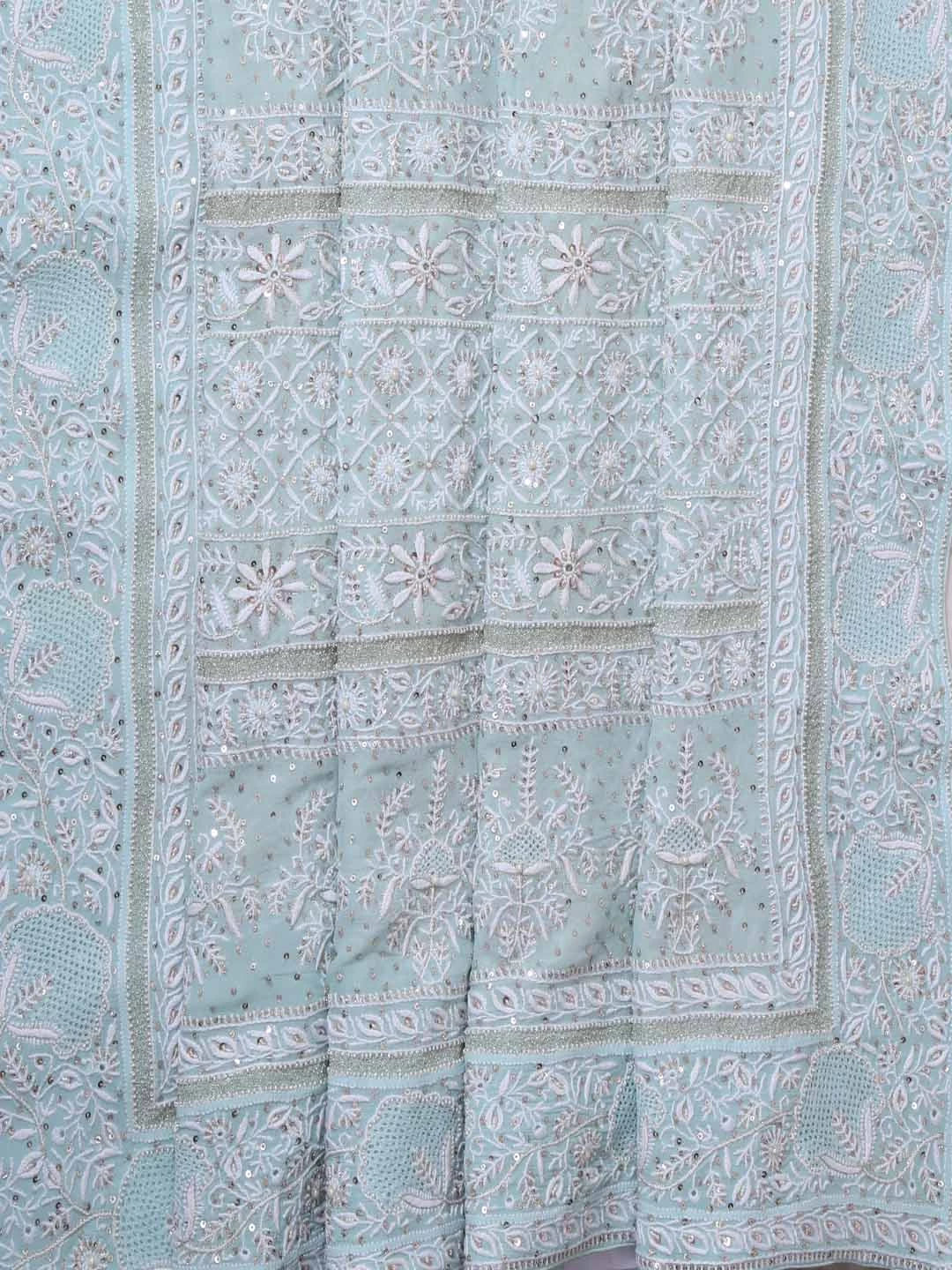 Ada Hand Embroidered Ice Blue Ombre shade Pure Georgette Lucknow Chikankari Saree/Blouse With Zari Work 01A100936
