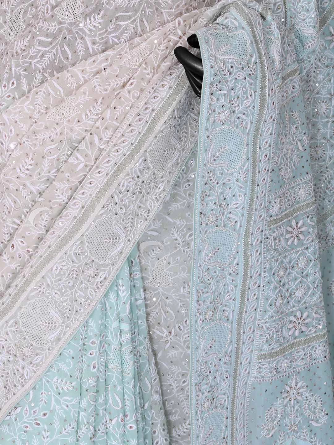 Ada Hand Embroidered Ice Blue Ombre shade Pure Georgette Lucknow Chikankari Saree/Blouse With Zari Work 01A100936