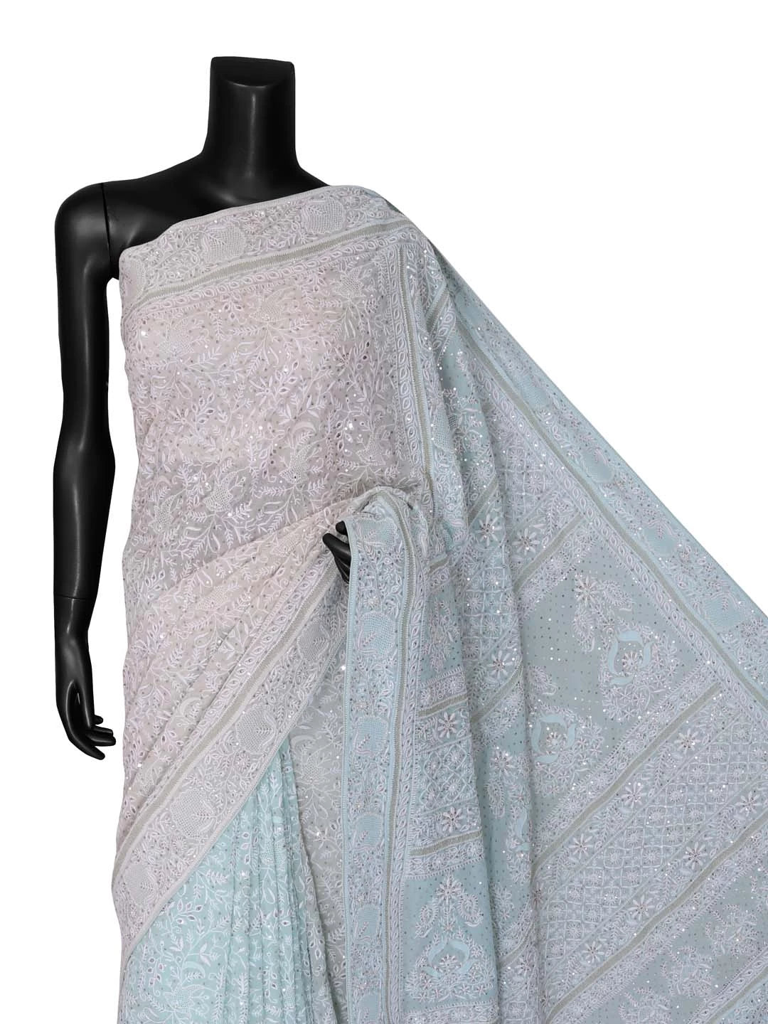 Ada Hand Embroidered Ice Blue Ombre shade Pure Georgette Lucknow Chikankari Saree/Blouse With Zari Work 01A100936