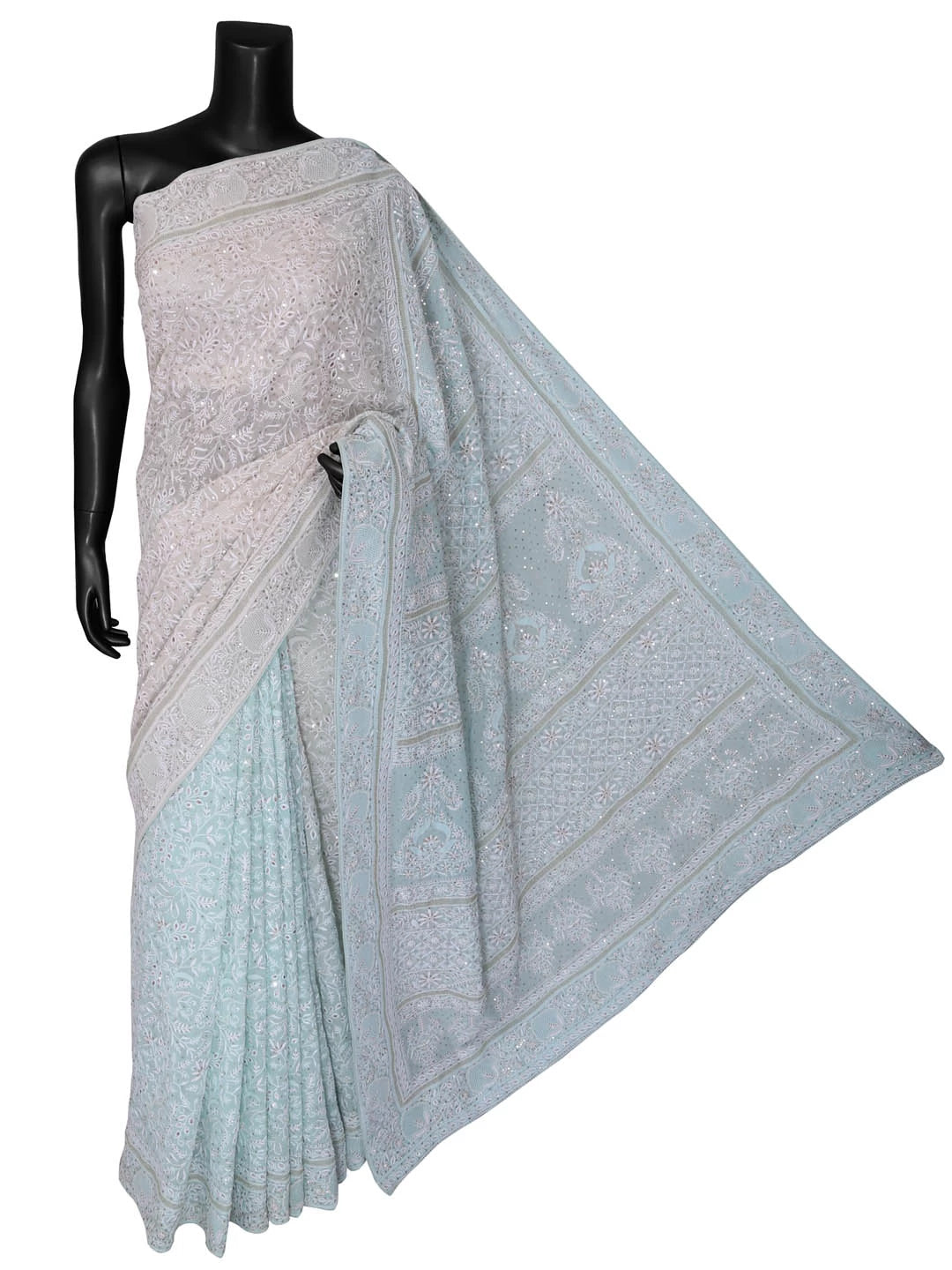 Ada Hand Embroidered Ice Blue Ombre shade Pure Georgette Lucknow Chikankari Saree/Blouse With Zari Work 01A100936